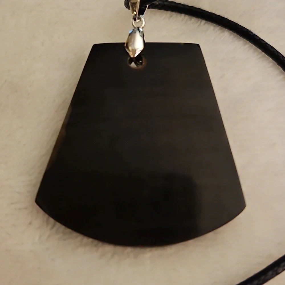 Vintage 1970s Black Geometric Carved Lucite Tribal Pendant Rope Necklace